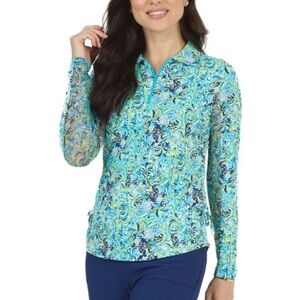 IBKUL Marissa Print Long Sleeve Golf Polo Shirt UPF 50+ Activewear Size Large